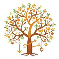 Conceptual tree with key-shaped branches in a minimalist flat design vector