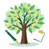 Creative tree illustration with leaf-shaped paper notes and a pen symbolizing ideas and inspiration vector