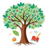 Productive tree artwork with leaf-shaped paper notes and a pen for brainstorming and idea generation vector