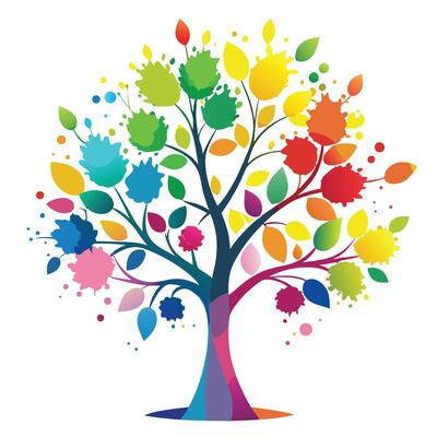 Expressive tree artwork with leaf-shaped watercolor blobs creating an abstract and artistic design