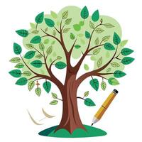 Inspiring tree design with leaf-shaped paper notes and a pen for creative thinking and note-taking vector