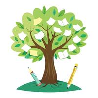 Creative tree illustration with leaf-shaped paper notes and a pen for brainstorming and ideas vector