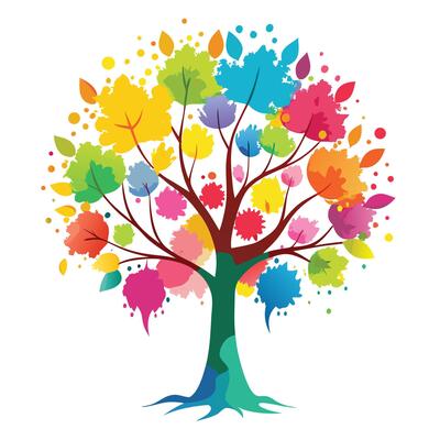 Artistic tree illustration with leaf-shaped watercolor blobs for a vibrant and creative expression