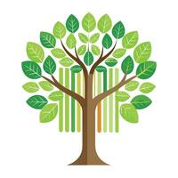 Unique tree illustration with a leafy barcode pattern representing the interconnectedness of nature and technology vector