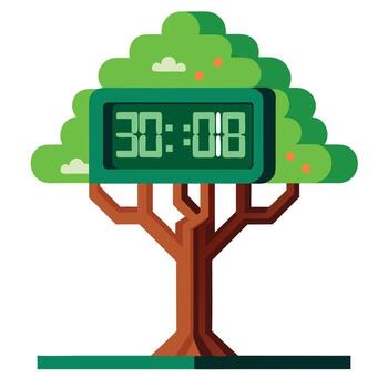 Timely tree illustration with leaves forming a digital clock display representing time vector