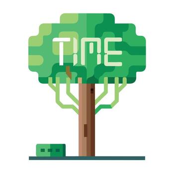Clockwork tree illustration with leaves forming a digital clock display representing the passage of time vector