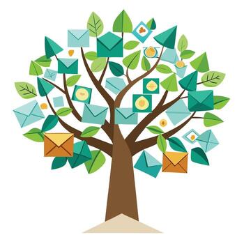 Communicative tree design with letter and envelope shaped leaves representing messages vector