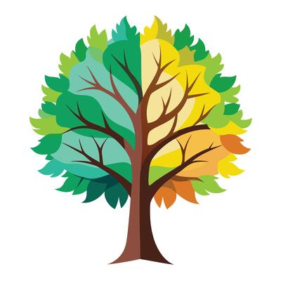 Harmonious tree design featuring light and dark dual-colored leaves conveying balance
