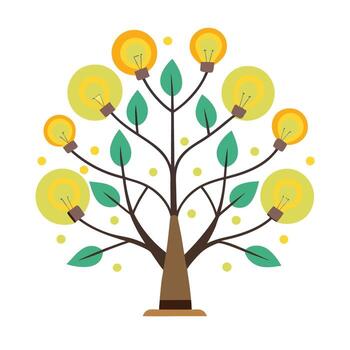 Bright idea tree artwork with light bulb leaves symbolizing innovation and problem-solving vector
