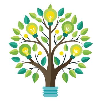 Conceptual tree design featuring light bulb leaves conveying themes of invention and solutions vector