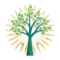 Luminous tree design featuring light rays as foliage conveying themes of energy and brightness vector
