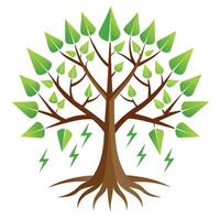 Dynamic tree design featuring lightning branches and water drop roots conveying themes of power and life vector