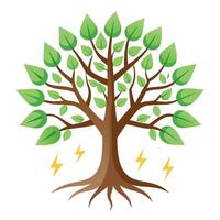Energetic tree illustration with lightning branches and water drop roots representing power and natural resources vector