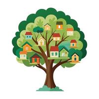 Habitat tree artwork with a lush canopy formed by small houses symbolizing living spaces vector