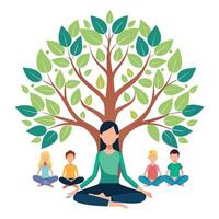 Contemplative tree design featuring stylized human forms in meditation as the leaf structure vector