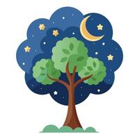 Night sky tree design featuring moon and star leaves in a modern flat style vector