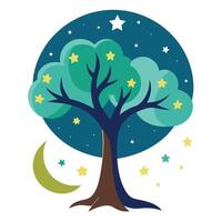 Evening tree artwork with moon and star leaves generated for a simple flat style vector