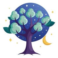 Nightly tree illustration with moon and star leaves generated in a flat style vector