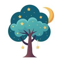 Twilight tree illustration with the moon and stars suspended from the tree branches at night vector