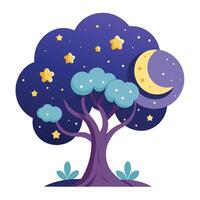 Evening tree artwork with the moon and stars dangling from the branches in the night sky vector