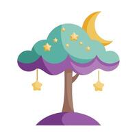 Enchanted tree design featuring the moon and stars within the canopy in a mystical style vector
