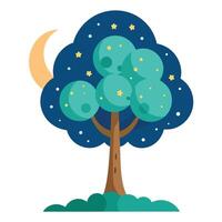 Nighttime tree illustration with the moon and stars hanging from the branches vector