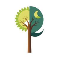 Dualistic tree illustration with the moon and sun as canopy halves design vector