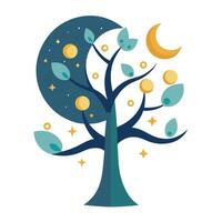 Lunar cycle tree design featuring moon phases and astronomical elements vector