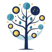 Celestial tree illustration showcasing moon phases and various astronomical elements as leaves vector