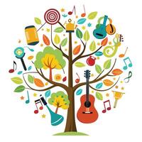 Melodic tree design with stylized musical notes and instruments composing the leaf elements vector