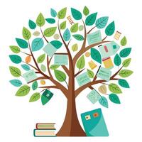 Writing Tree illustration with notes and letters as the leaves vector