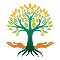 Nurturing tree graphic showcasing open hands as its supportive and grounding root structure vector