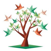 Graceful tree graphic showcasing folded paper birds resting gently on its branches vector