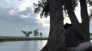 A man sitting under a tree by a river video