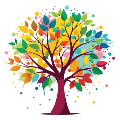 Unique tree artwork featuring various paint splatters artistically arranged as leaves Isolated on a white Background
