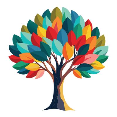 Creative tree graphic showcasing colorful paintbrush strokes as its artistic foliage