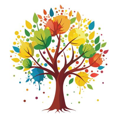 Unique tree artwork featuring various paint splatters artistically arranged as leaves