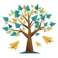 Whimsical tree illustration with paper airplanes forming the unique and flying leaves vector
