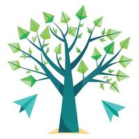 Soaring tree illustration with paper airplanes forming the unique and flying leaves vector