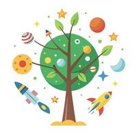 Astronomy Tree Rocket and Space Element Leaves vector