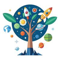 Cosmos Tree Rocket and Planet Leaf Design vector