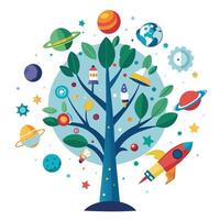 Cosmos Tree Rocket with Space Leaves Generation vector