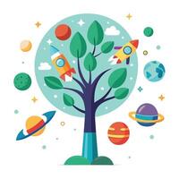 Designed Tree Rocket and Space Leaves vector