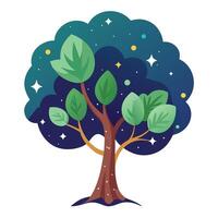 Celestial Tree Flat Starry Night Leaves and isolated background vector
