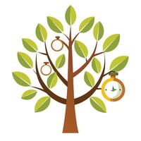 Time Tree Stopwatch and Clock Leaves vector