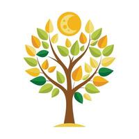 Artistic tree illustration with stylized sun and moon leaves creating a symbolic and imaginative scene vector