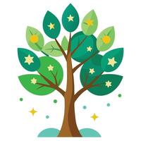 Whimsical tree illustration with stylized sun, moon, and star leaves creating a celestial fantasy scene vector