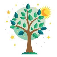 Dreamy tree design featuring stylized leaves of the sun, moon, and stars for a cosmic representation vector