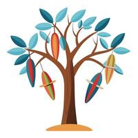 Cool tree design featuring stylized surfboards hanging as unique and adventurous leaves on the branches vector