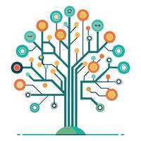 Futuristic tree artwork showcasing creatively designed tech circuit boards suspended as stylish leaves on the tree's branches vector